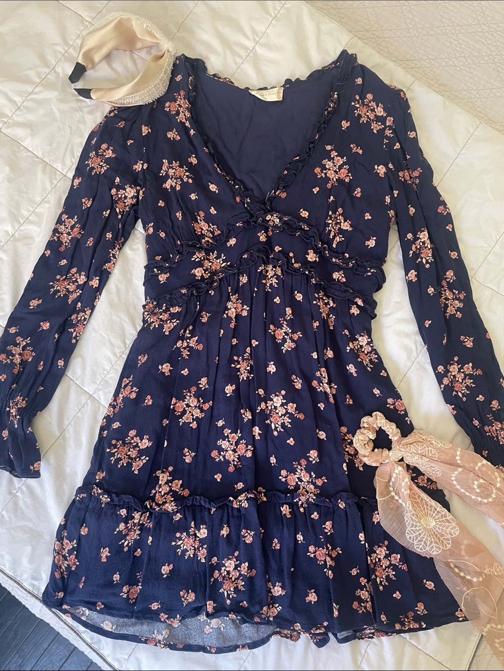 Altar’d State Navy Floral V-Neck Bohemian Romantic Mini Dress